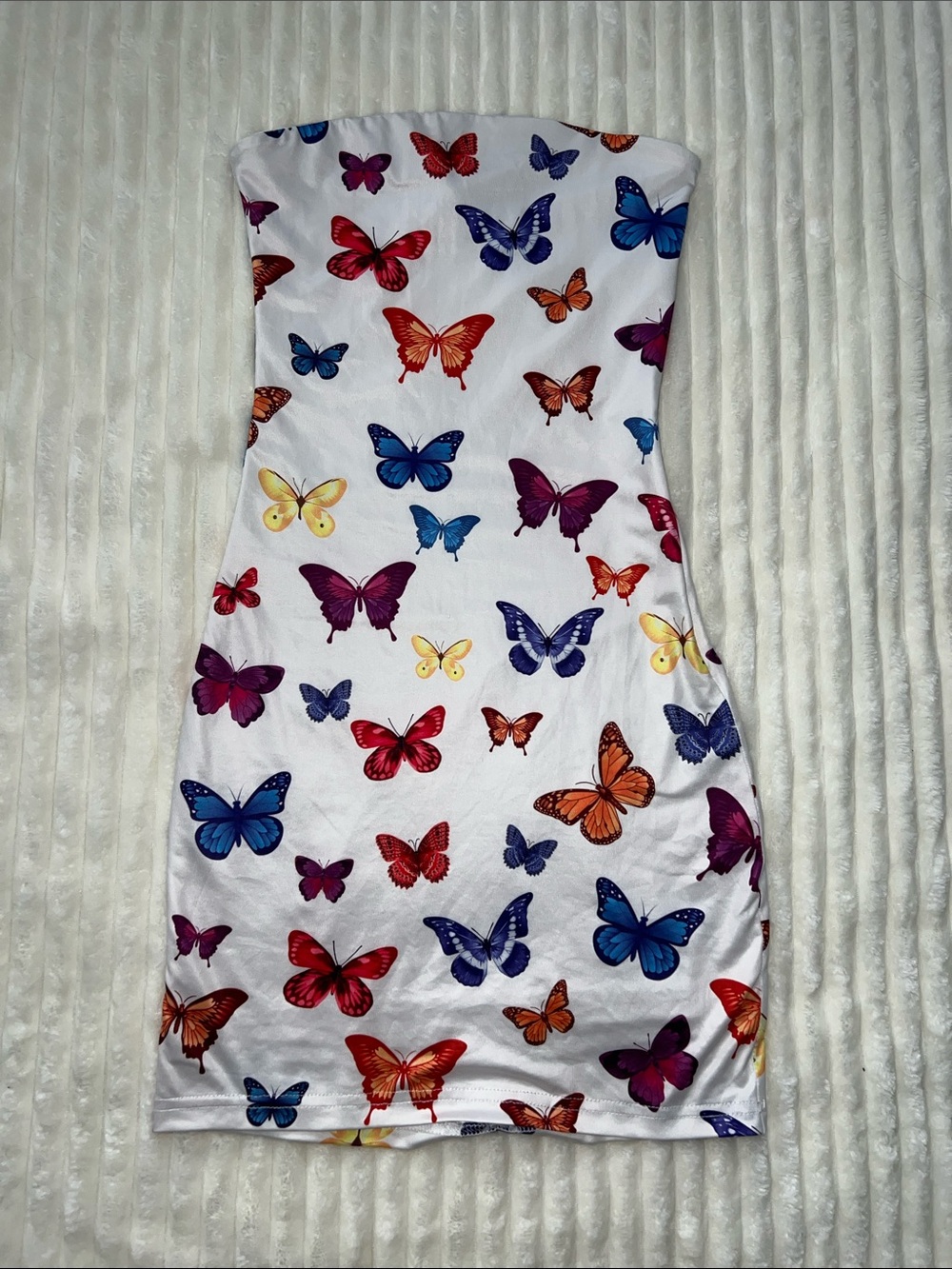 superdown White Strapless Dress with Multicolor Butterfly Print